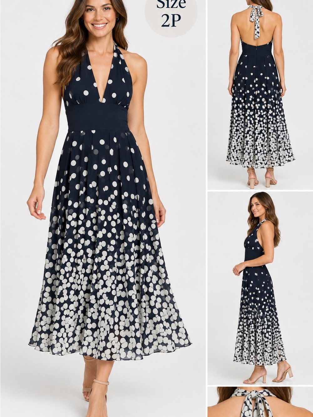 Adrianna Papell Chiffon Halter Midi Dress Polka Dot Navy White Petite Sz 2P